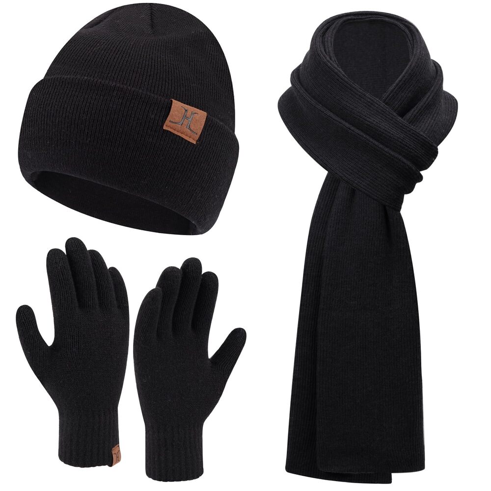 9374 Winter Warm Beanie Hats Long Scarf Neck Touchscreen Gloves Set Ribbed